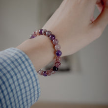 Load image into Gallery viewer, Strawberry Quartz&Amethyst Bracelet with beautiful mixed quartz color. Everyone piece is unique. Best gift for your best friend/ BFF, birthday gift, valantine's day gift and daily wear. 天然草莓晶+紫水晶手鍊, 每一條都是獨一無二混合水晶配搭,能改善人際關係提升人緣,讓你思緒清晰等多重功效,最佳的節日禮物,閨蜜禮物,生日及情人節禮物。彈力線設計,可調節長度,適合天天配戴。