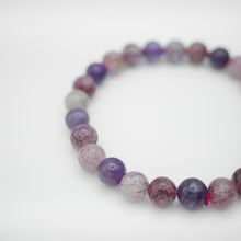 Load image into Gallery viewer, Strawberry Quartz&Amethyst Bracelet with beautiful mixed quartz color. Everyone piece is unique. Best gift for your best friend/ BFF, birthday gift, valantine's day gift and daily wear. 天然草莓晶+紫水晶手鍊, 每一條都是獨一無二混合水晶配搭,能改善人際關係提升人緣,讓你思緒清晰等多重功效,最佳的節日禮物,閨蜜禮物,生日及情人節禮物。彈力線設計,可調節長度,適合天天配戴。