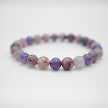 Load image into Gallery viewer, Strawberry Quartz&Amethyst Bracelet with beautiful mixed quartz color. Everyone piece is unique. Best gift for your best friend/ BFF, birthday gift, valantine's day gift and daily wear. 天然草莓晶+紫水晶手鍊, 每一條都是獨一無二混合水晶配搭,能改善人際關係提升人緣,讓你思緒清晰等多重功效,最佳的節日禮物,閨蜜禮物,生日及情人節禮物。彈力線設計,可調節長度,適合天天配戴。