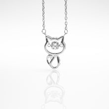Load image into Gallery viewer, 925 sterling silver cat outline crystal necklace with adjustable extension chain.
premium gift,gift for her,for best friend,funky design,cute accessories,Glamorous sparkle.925 純銀線條貓水鑽項鍊，氣質出眾，貓咪飾品，童趣精緻禮物，適合約會穿搭，甜蜜約會搭配。

