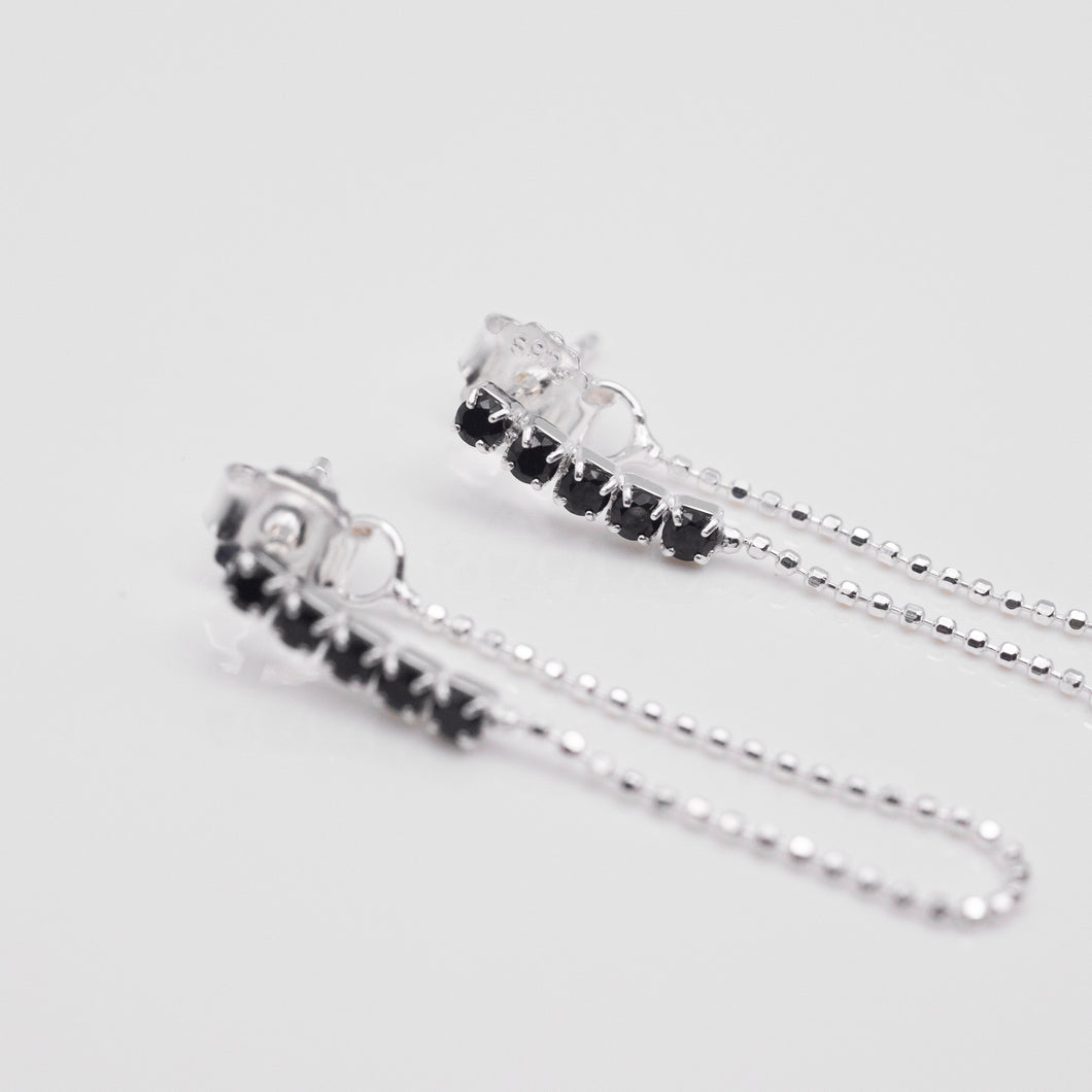 Elegant and Classic Design 925 Sterling Silver hypoallergenic earrings with Cubic Zirconia Chain dangling. Clear Crystal and Jet colour available. Best gift of valentine, birthday, mother's day and BFF.  925純銀排鑽垂鍊耳環，抗敏感耳環，氣質款式，獨特風格，聖誕交換禮物，時尚配件，聚會穿搭配件，適合出遊配戴。