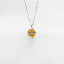 Load image into Gallery viewer, Beautiful 925 sterling silver sunflower long necklace. The necklace is adjustable in length with two tone plating (gold and platinum plating). Best gift for birthday, new year, BFF and mother&#39;s day 925 純銀太陽花項鏈，向日葵項鍊，夏天必備飾品，適合日常配戴，適合出遊旅行配戴。
