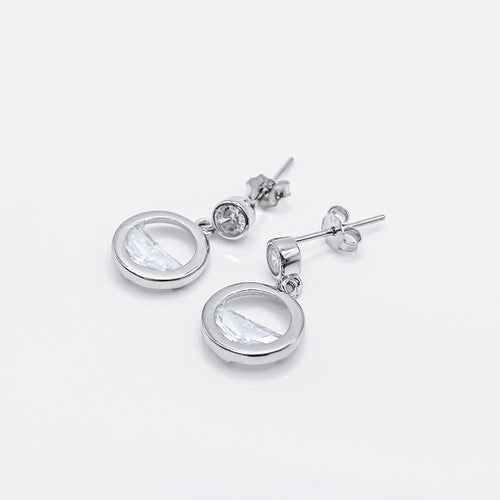 Beautiful Unique Design with Half-filled Crystal Earrings in 925 Sterling Silver Clear Cubic Zirconia with Hypoallergenic earrings post. Best gift for valentine's Day and birthday. 925純銀半圓水晶耳環，抗敏感耳環，簡約氣質，適合日常搭配，約會出遊配件，情人節禮物首選。