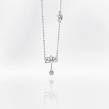 Load image into Gallery viewer, Our beautiful sterling silver Lotus Flower Necklace which show purity with Bezel Setting Cubic Zirconia Crystal (CZ), which will be the best match jewellery for your relaxing time. 925 純銀蓮花小鑽項鏈，典雅大方，適合日常配戴，生日禮物首選，獨特風格。
