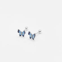 Load image into Gallery viewer, 925 sterling silver blue butterfly earrings with screw bead earring backs. For summer, dazzling earrings, colorful jewelry, best gift for birthday, animal series. 925純銀藍蝴蝶轉珠耳環，抗過敏耳環，適合夏日搭配，顏色繽紛，款式簡單易搭配，適合生日禮物，夏日必備單品。防敏感925純銀耳針(適合敏感肌膚）
