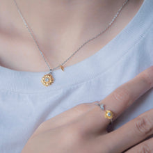 Load image into Gallery viewer, Wearing Ginkawa sunflower long necklace with small golden leaf. Adjustable necklace in two tone plating (gold and platinum)
